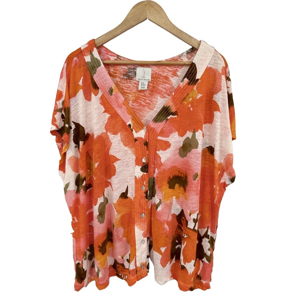 Joie Top Button Front Blouse Plus Sz 3X Linen Lyocell Floral V Neck Orange Pink